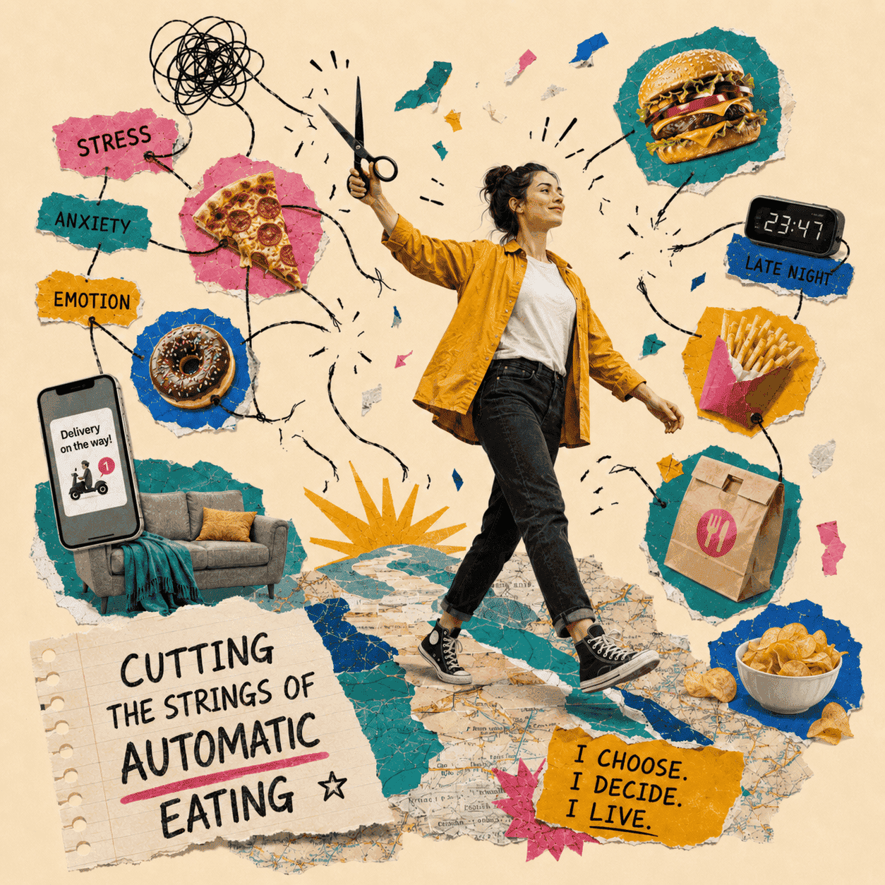 Person climbing a mountain of food, impulses and choices in collage style