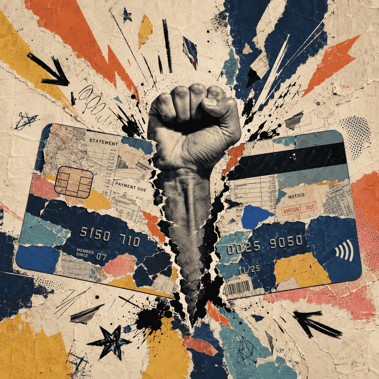 Fist tearing through cards and bills in collage style