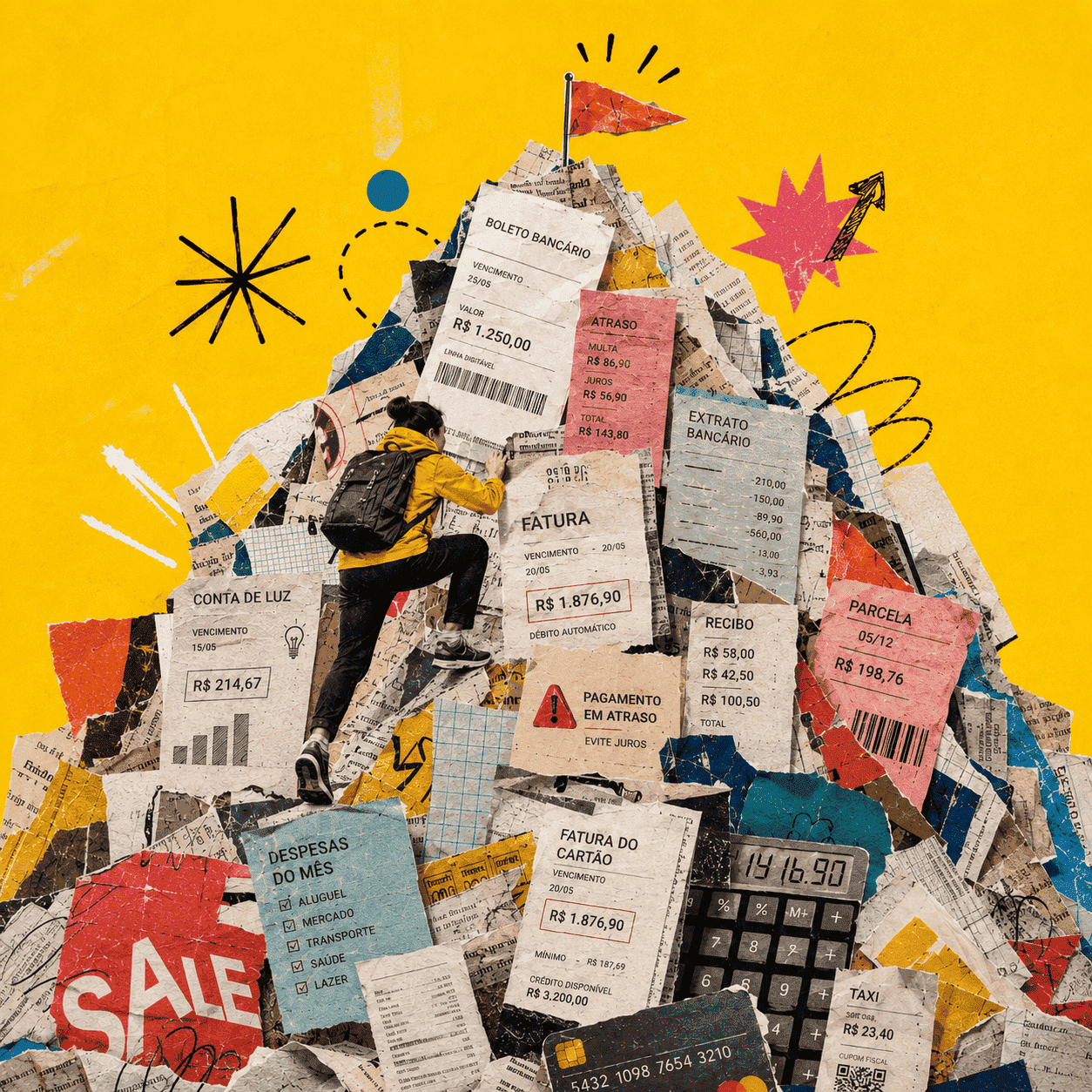 Person climbing a mountain made of bills and receipts