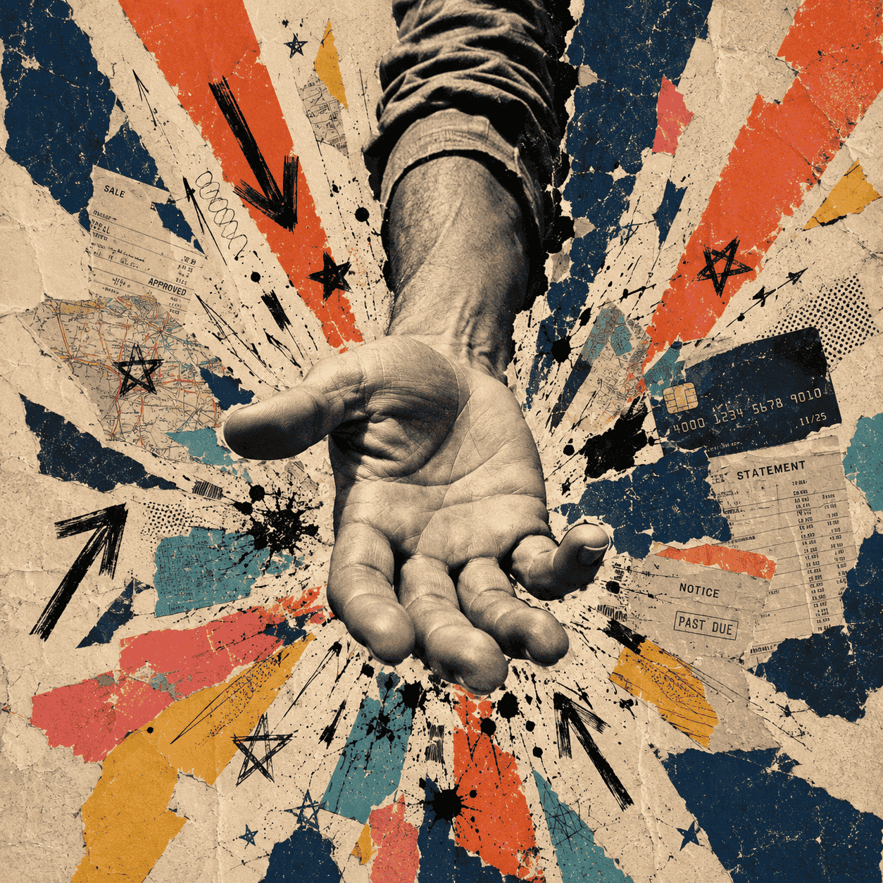 Open hand over a visual explosion of financial documents