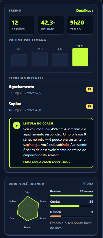 Coach de IA — você diz o que quer, ele age nos seus dados