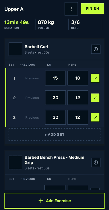 Tikva app: live workout logging sets, reps and load