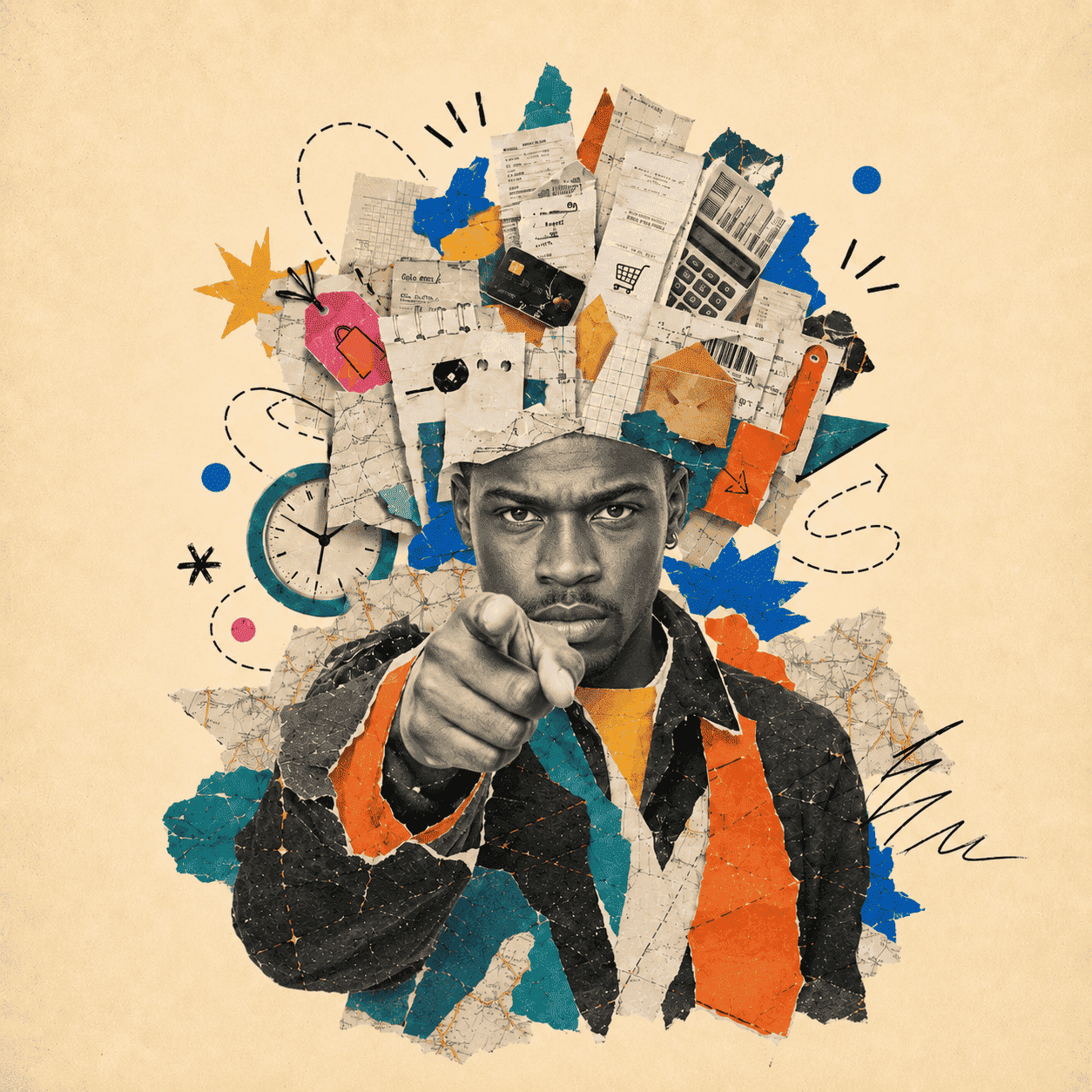 Person pointing forward in a recruitment poster with a collage of receipts and bills